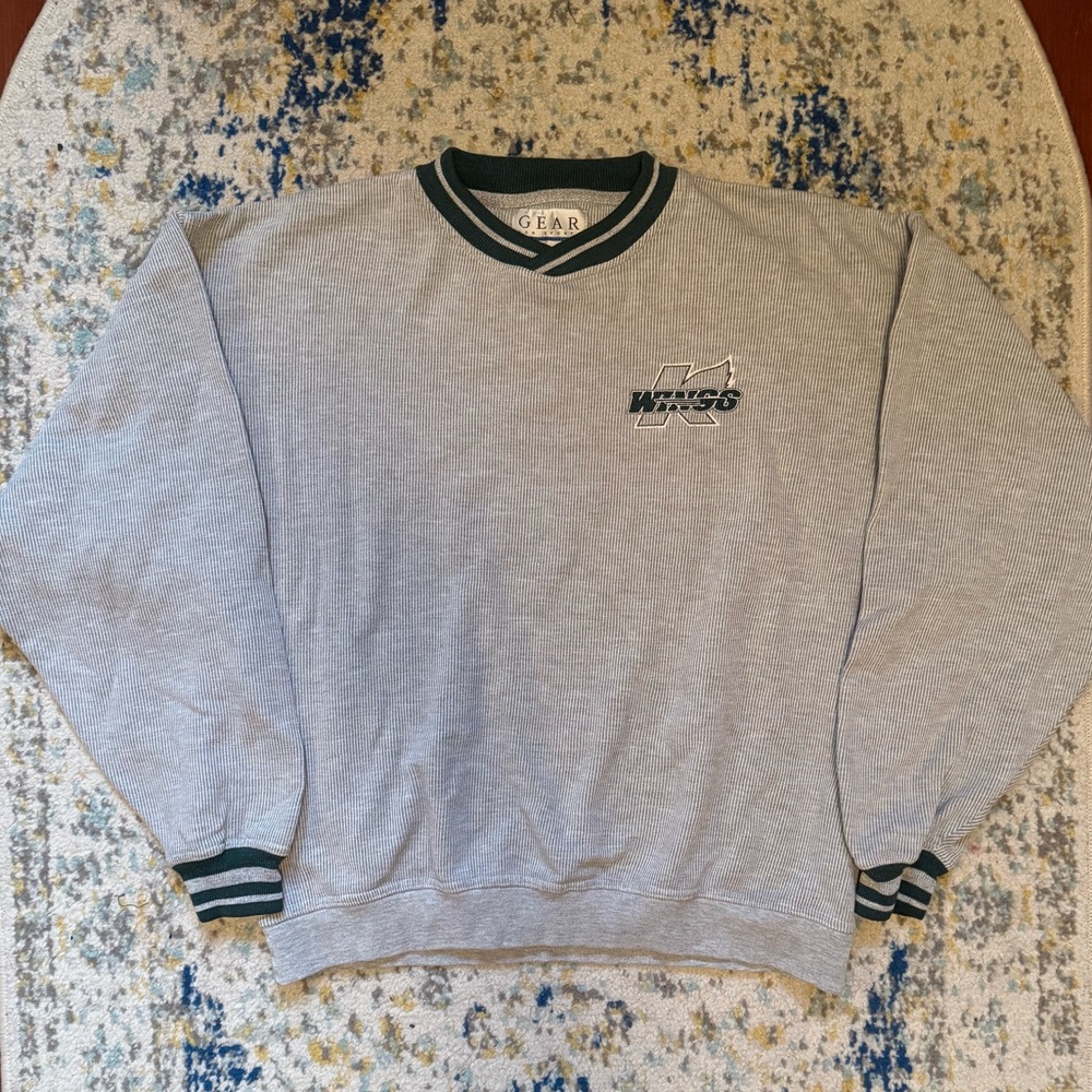 Grey and green vintage 90s GEAR WINGS sports crewneck sweatshirt!